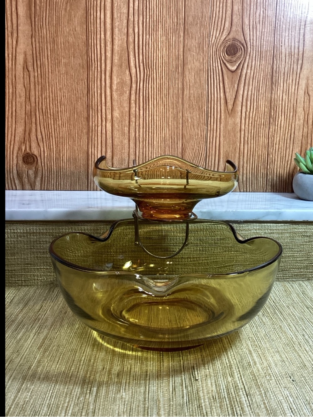 Anchor Hocking Amber Glass Two-Tier Chip and Dip Bowls